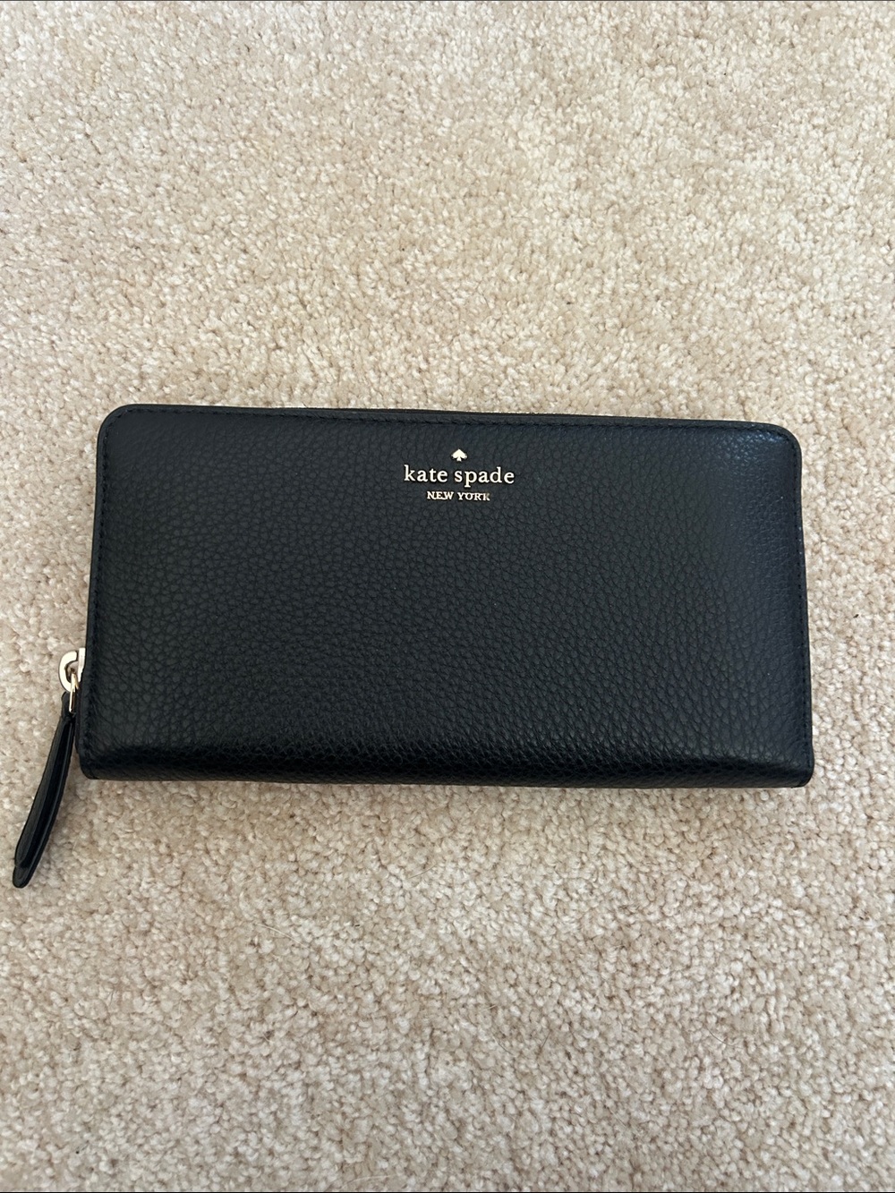kate spade Black Pebbled Leather Zip Wallet with Gold Logo